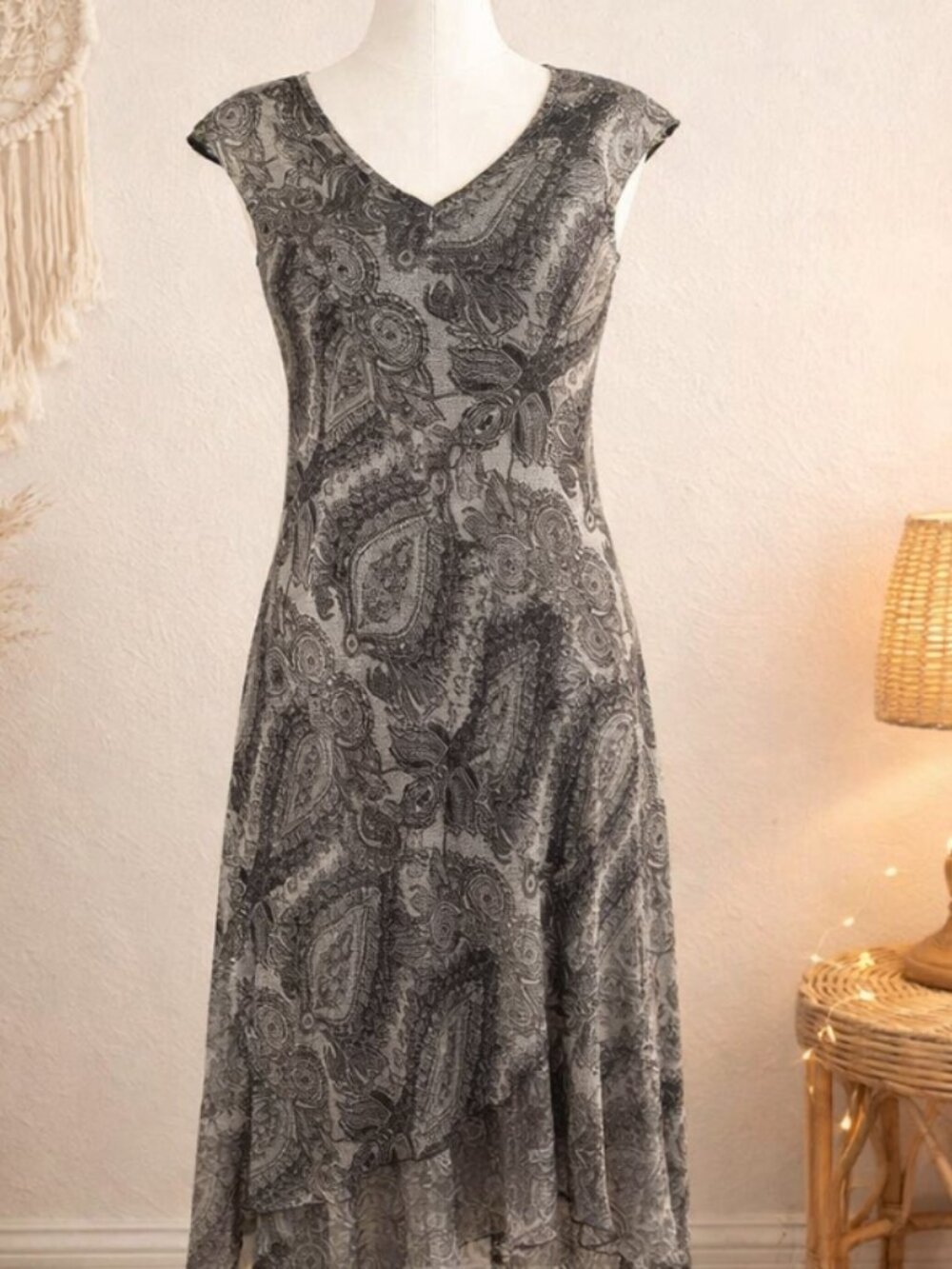 NWT Ombre Maxi Dress 10 Boho Paisley Resortcore Romantic Ruffle Hem Lined